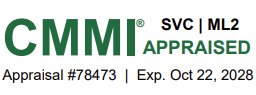 Logo displaying CMMI approval, signifying adherence to standards in process improvement and organizational maturity.