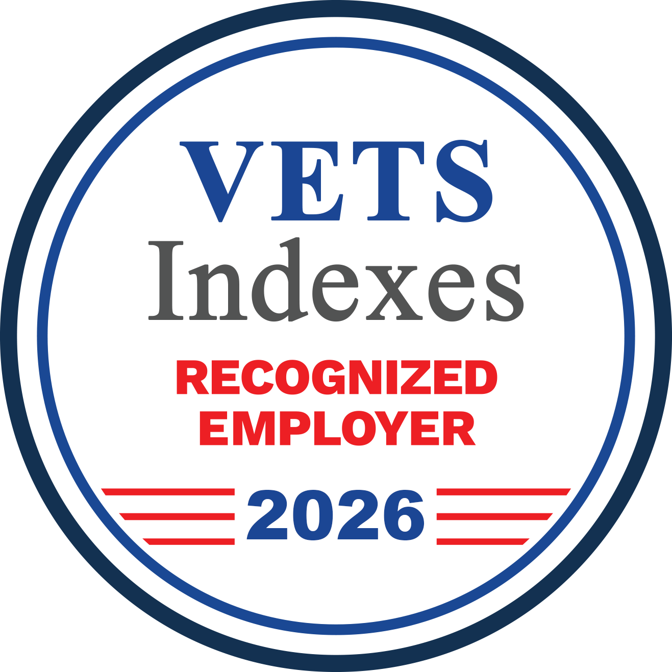 Circular badge with "VETS Indexes Recognized Employer 2026" in blue and red text, featuring lines and a border, signifying a mark of honor.